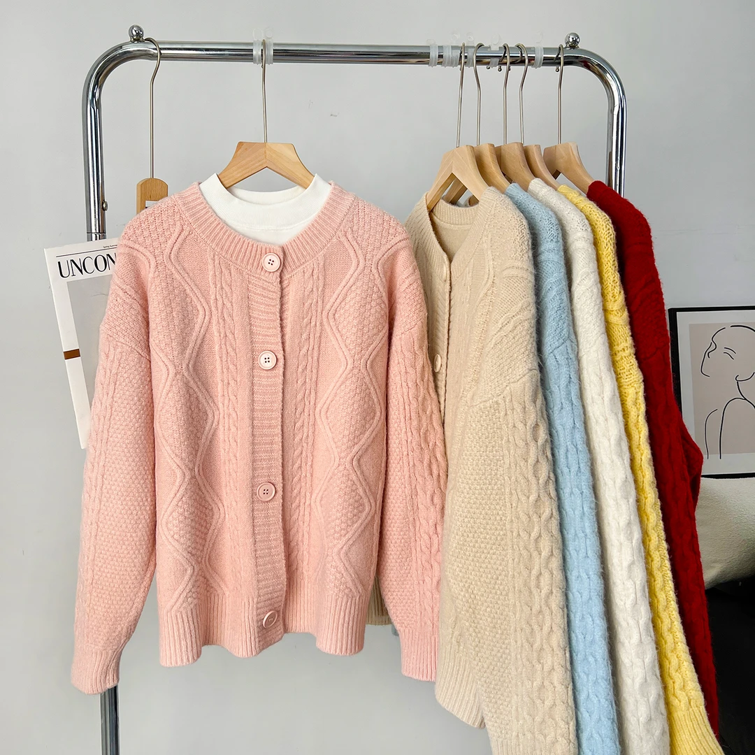 麻花毛衣外套女开衫加厚2024秋冬宽松显瘦慵懒风纽扣针织上衣外穿