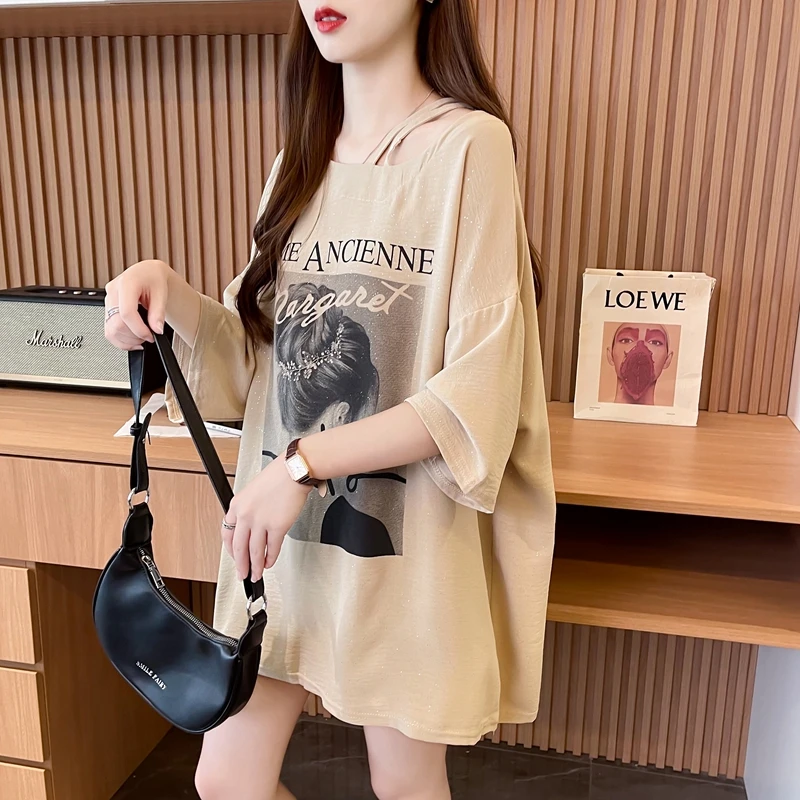 设计感斜领短袖T恤女夏季2024新款时尚休闲百搭大码显瘦半袖上衣