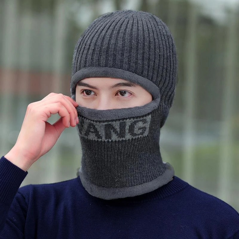 冬季男帽子一体毛线帽加绒加厚保暖套头骑车护耳防风针织帽户外