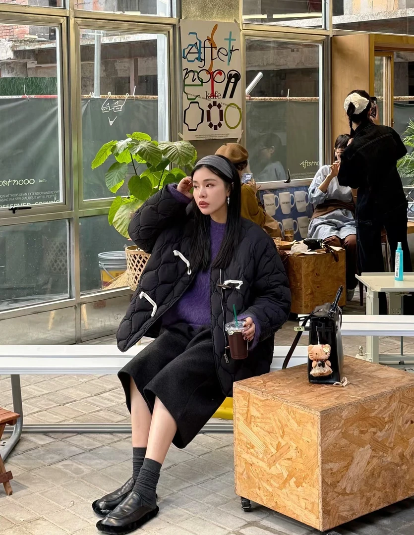 元派菱格牛角扣90%白鸭羽绒服冬季新款韩系设计感小众加厚女1155