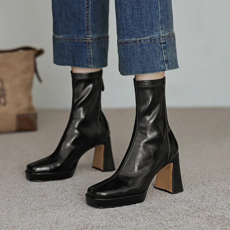 【DL】秋季新款简约时尚显瘦韩版方头粗跟高跟瘦瘦靴短筒