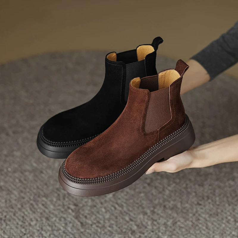 【DL】牛皮短靴女增高厚底秋冬百搭加绒粗跟中跟短筒切尔西/H-2193