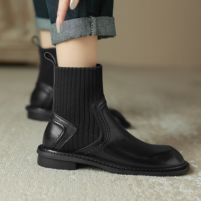 【DL】牛皮袜靴秋冬复古英伦风百搭方头平底瘦瘦靴短筒马丁靴/K731