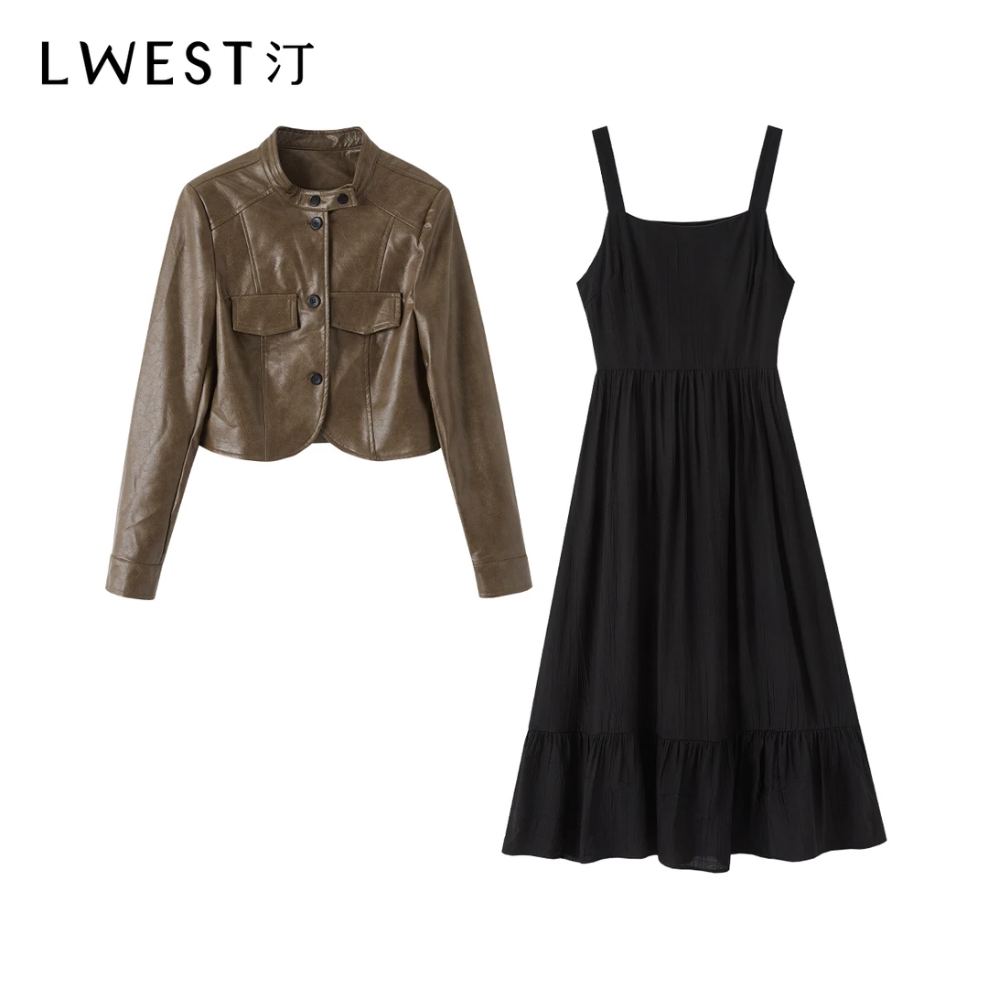 朗文斯汀2024年秋季PU气质短外套女显瘦连衣裙套装DAMG4308A09201
