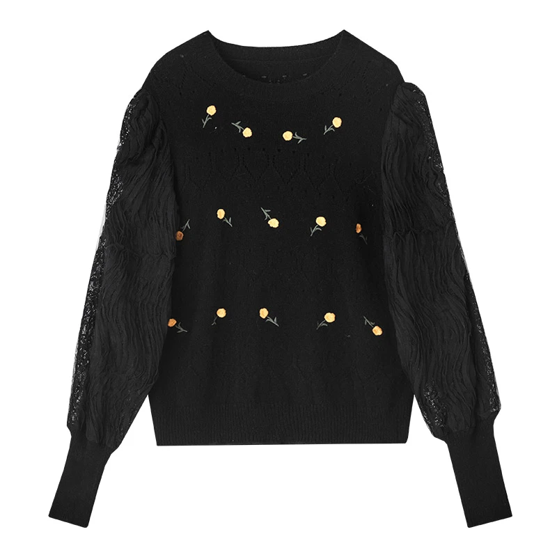 朗文斯汀蕾丝灯笼袖刺绣针织衫LDMZ25112320