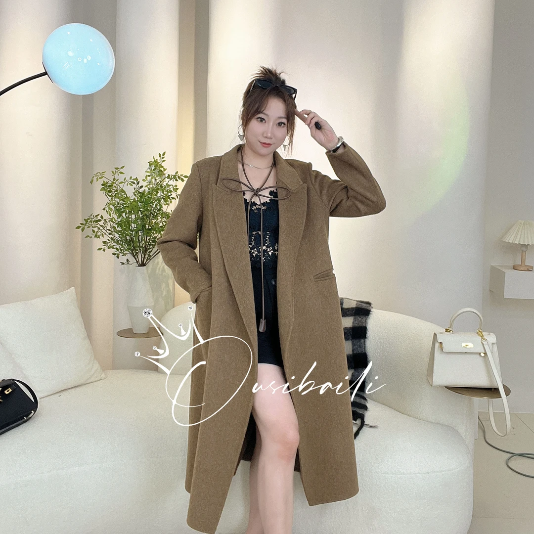 欧货双面羊毛大衣女冬高级感系带中长款西装领气质羊毛呢外套8201