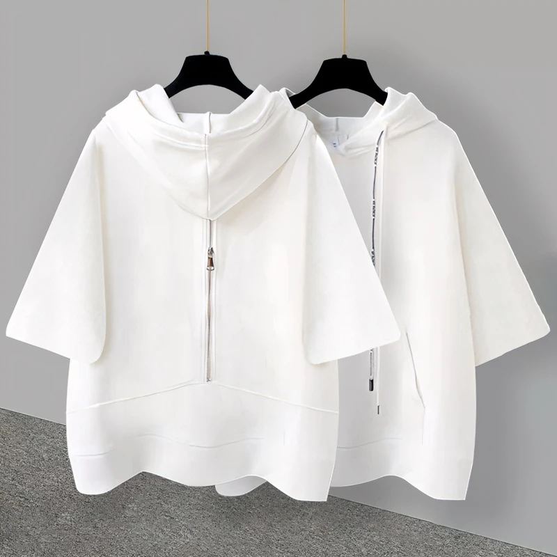 纯色带帽拉链设计短袖T恤男夏季韩版薄款大码百搭ins小众情侣上衣