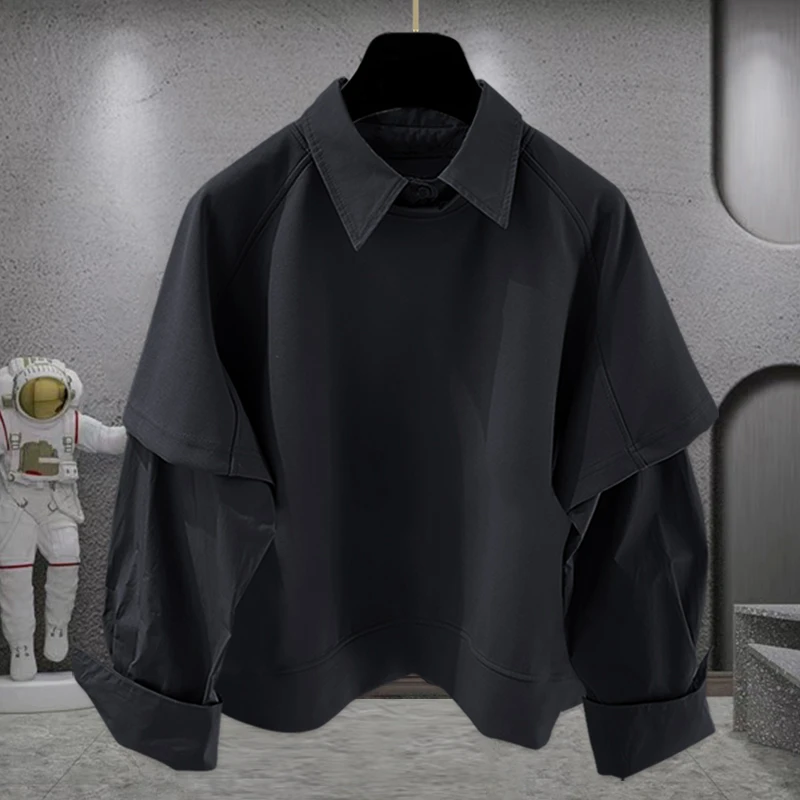 潮牌假两件小众卫衣男春秋季韩版时尚高级感宽松百搭纯色拼接衬衫