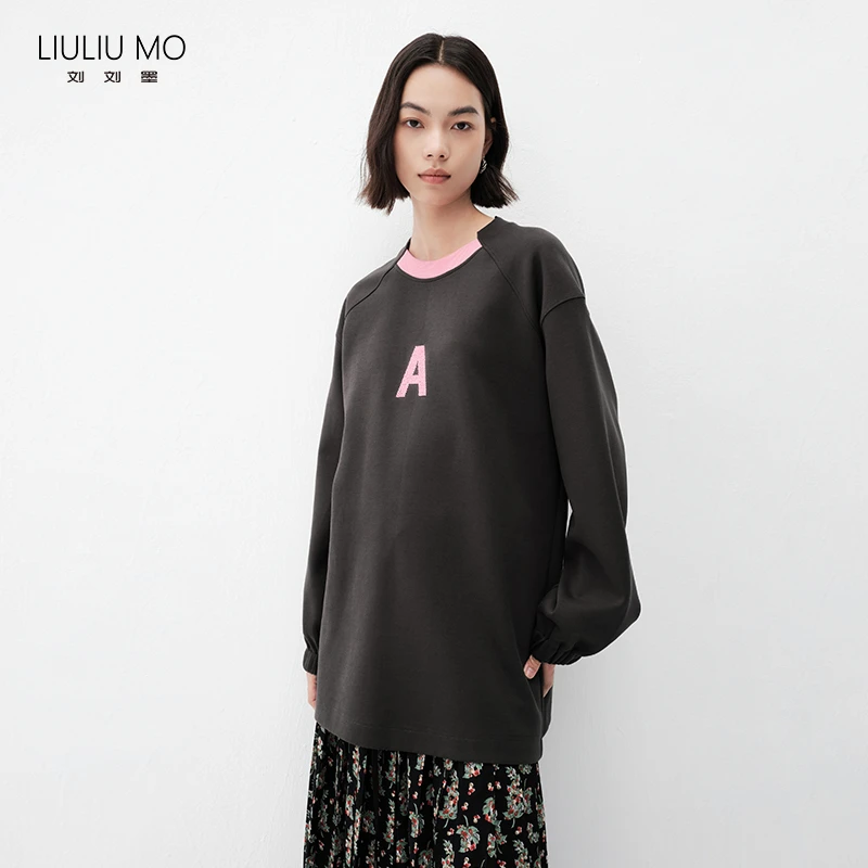 刘刘墨字母刺绣圆领套头休闲上衣女秋宽松新款设计感小众t恤