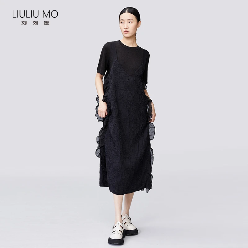 LIULIU MO压花背带裙设计感小众连衣裙长款遮肉流行2203150512