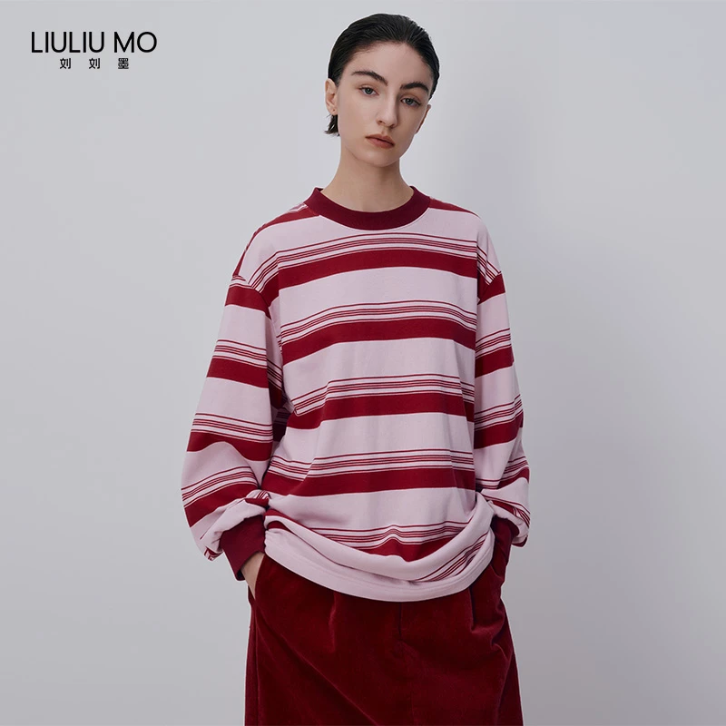 刘刘墨秋冬时尚复古宽松圆领撞色减龄韩版设计感粉红条纹休闲长袖