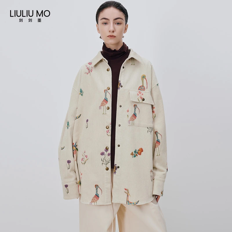 刘刘墨秋冬小众时尚复古印花减龄百搭长袖宽松设计感翻领满印外套