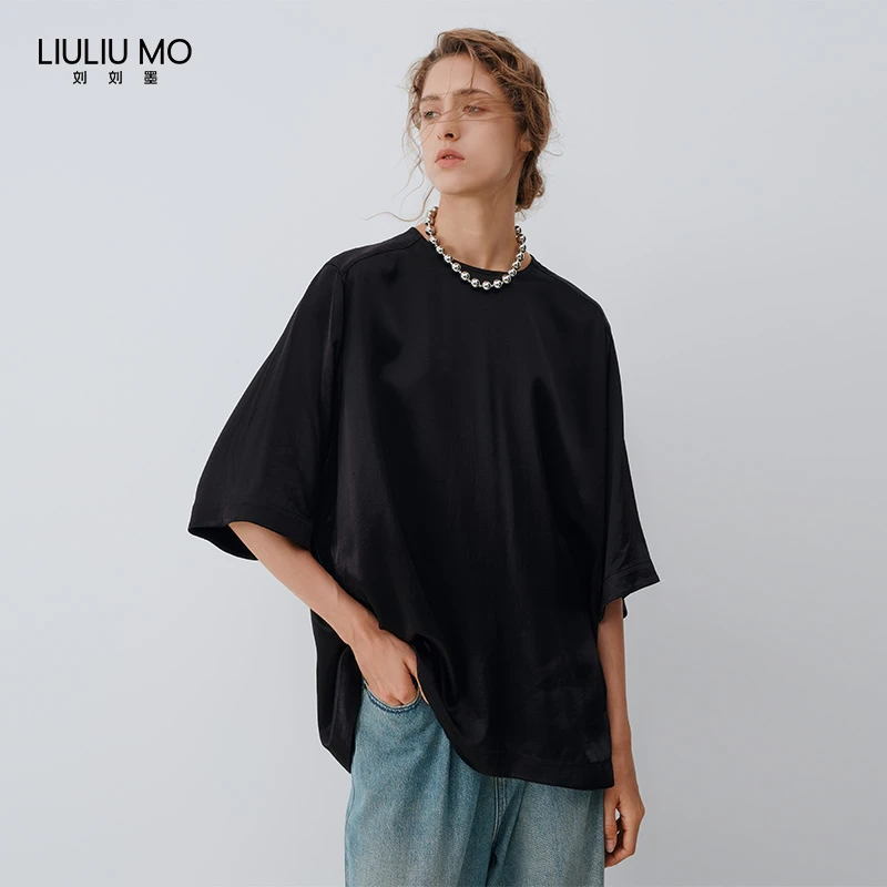 刘刘墨时尚休闲百搭宽松圆领设计感街头纯色小众黑色高级简约上衣