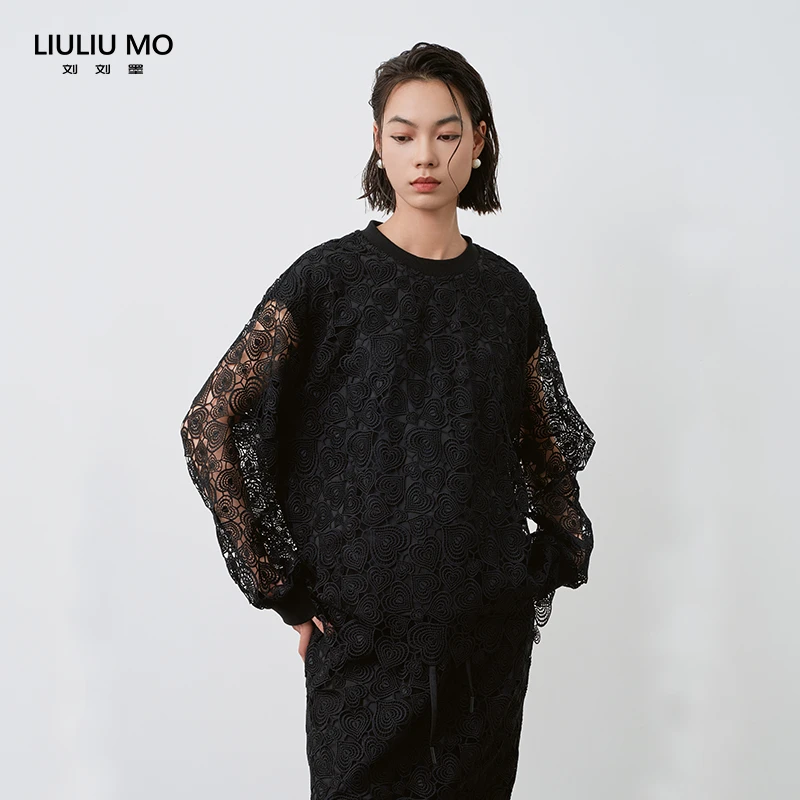 刘刘墨高定黑色爱心水溶蕾丝上衣时髦洋气上档次春秋遮肚子小衫女