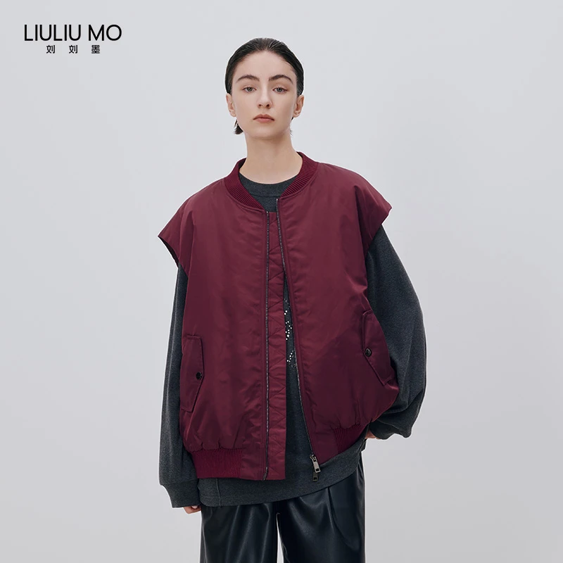 刘刘墨设计师款运动休闲复古枣红色夹棉棒球百搭潮流无袖马甲