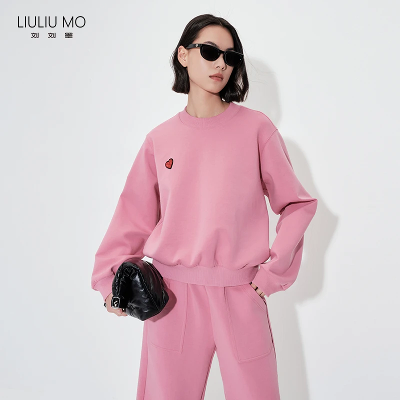 刘刘墨粉色休闲半高领套头卫衣女短款宽松秋季慵懒衬肤色刺绣上衣