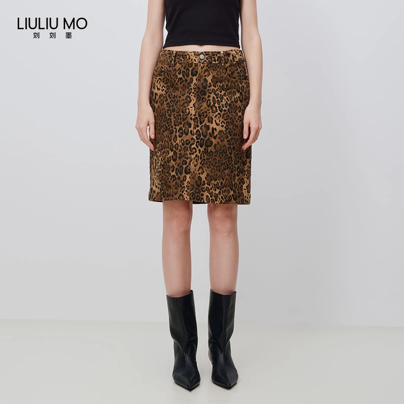 刘刘墨秋冬小众碎花高腰女士复古优雅提花满印包臀设计豹纹半身裙
