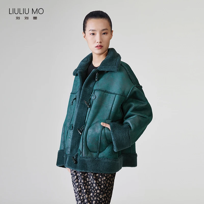 LIULIUMO两面穿时尚羊毛机车夹克牛角扣秋冬厚外套宽松2111300413