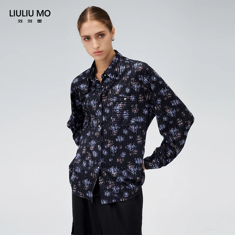 刘刘墨通勤风碎花丝绒衬衫女宽松显瘦秋冬新款设计感小众上衣