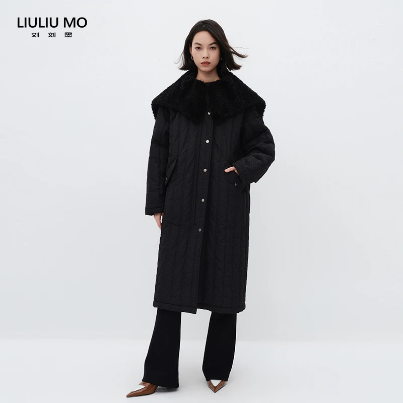 刘刘墨中长款保暖大翻领棉服冬季外套上档次女款棉袄黑2310300425