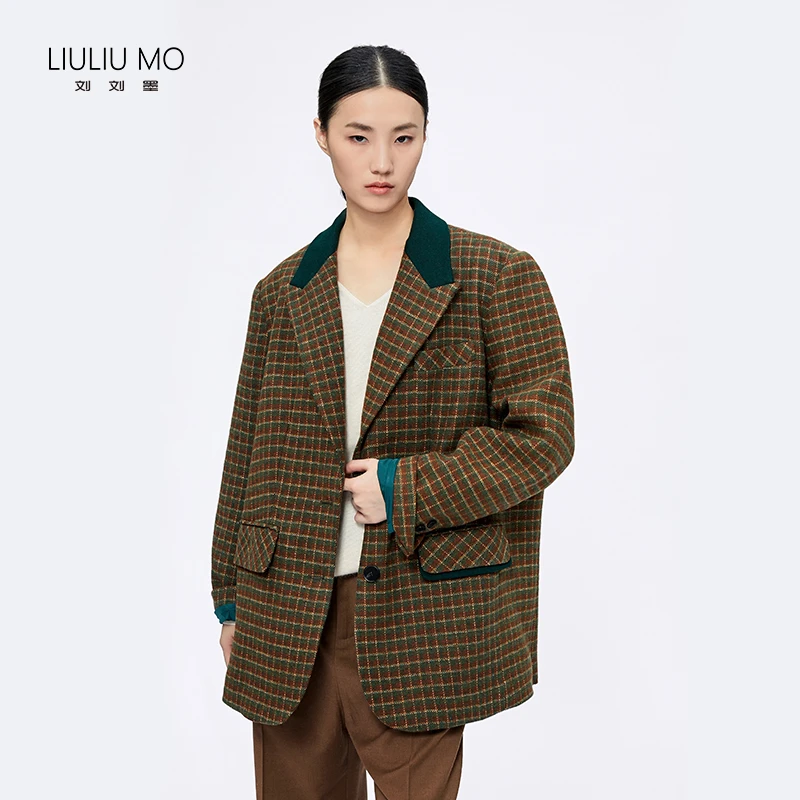 LIULIUMO羊毛西装外套设计感小众秋冬宽松复古格子毛呢外套咖啡色