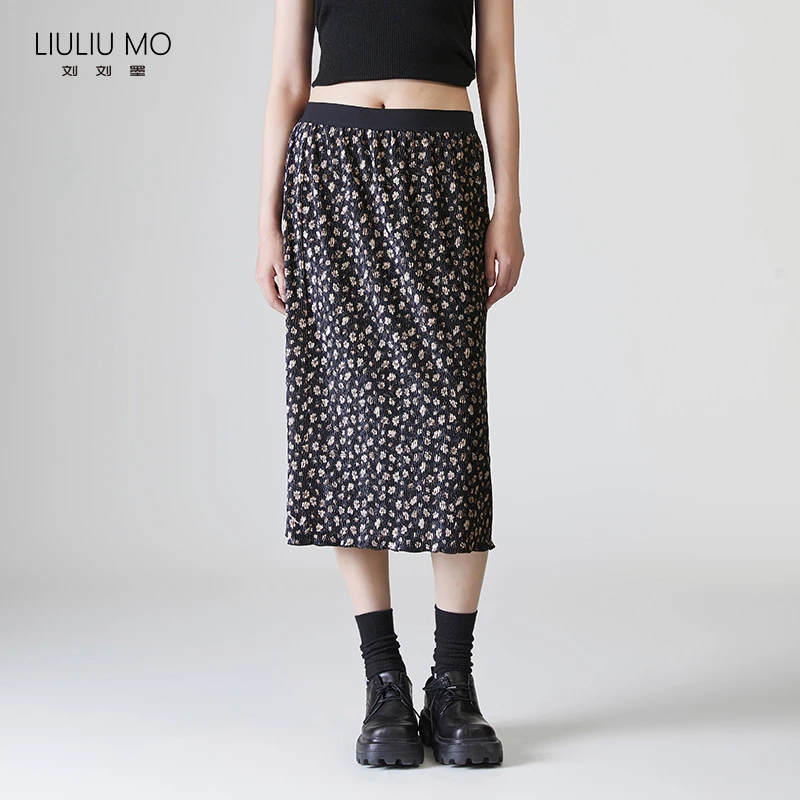 刘刘墨设计师品牌中长款牙签压褶丝绒印花显瘦半身裙2209300511