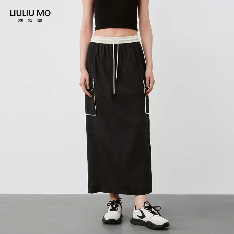 刘刘墨黑色显瘦半身裙中长款撞色口袋工装风梨形遮胯半身直筒裙子