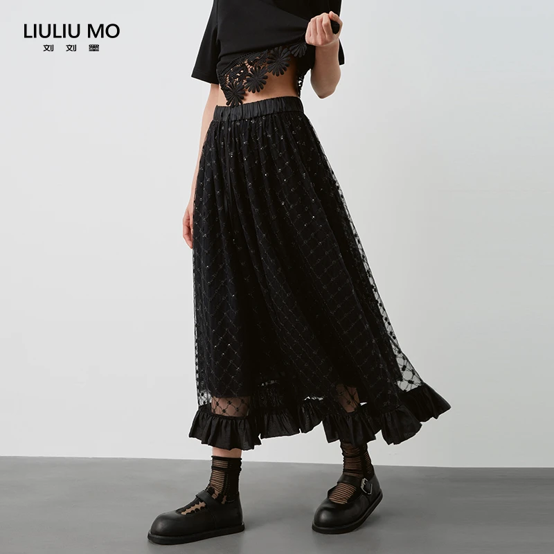 刘刘墨黑色中长款亮片网纱刺绣蕾丝半身裙时尚梨形遮胯半身a字裙