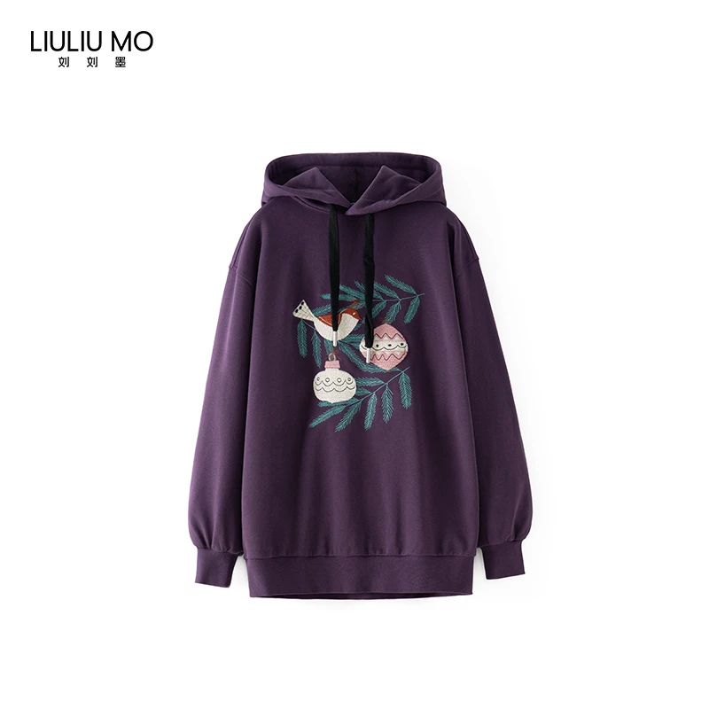 刘刘墨秋冬百搭设计感减龄复古暗夜紫色休闲宽松显瘦带帽绣花卫衣