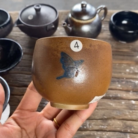 杯浪鬼柴烧 白泥化蝶杯