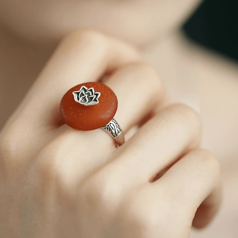 925银戒指 J12139莲花浮雕戒指复古国风可调节多样性发银戒指百搭