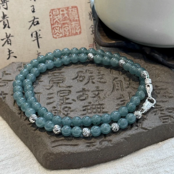 吊坠925银 N17164  车花圆珠水蓝色串珠双扣头项链复古百搭民族风