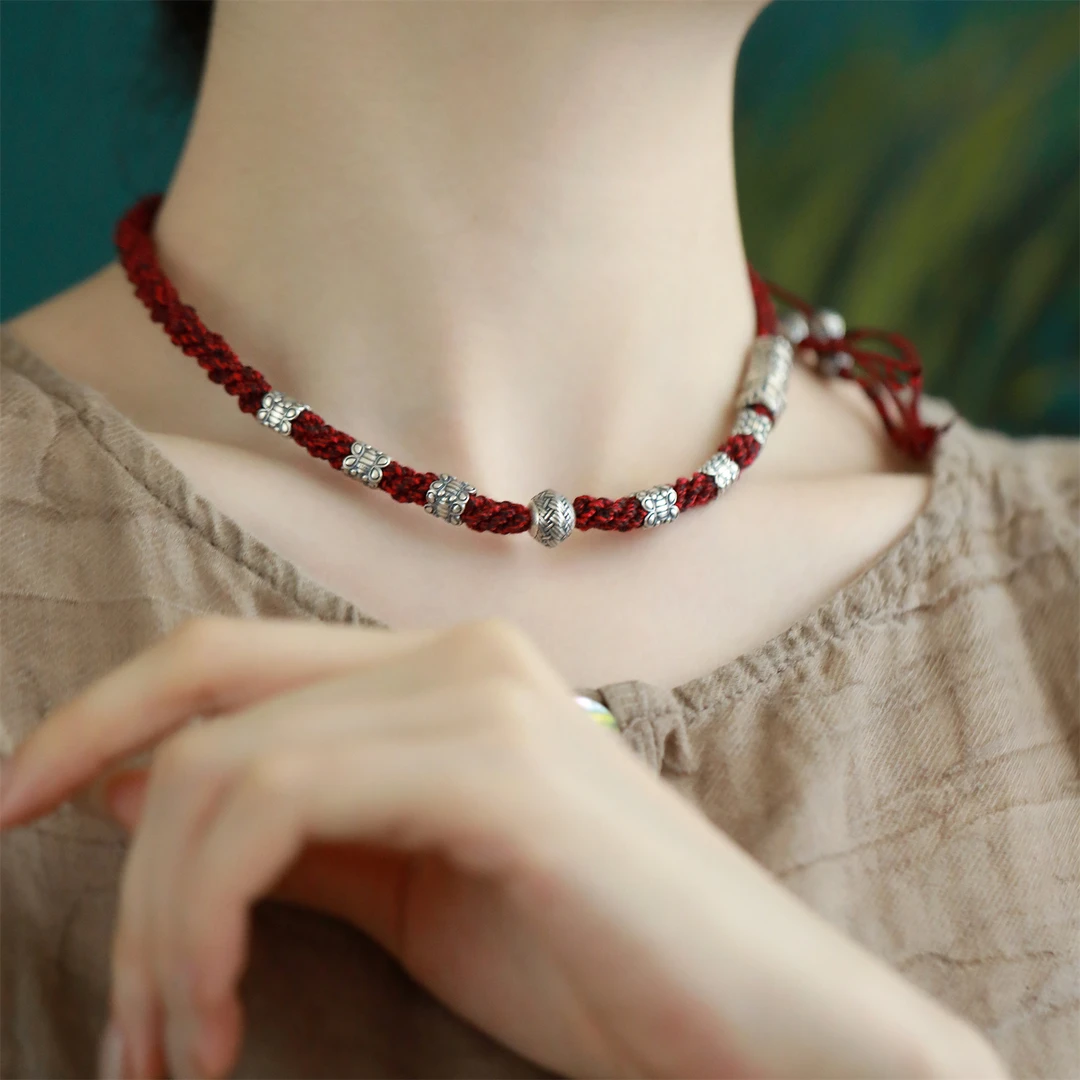 吊坠925银 N15812祥云扣编织黑红绳项链抽绳项链吊坠双11平替好物