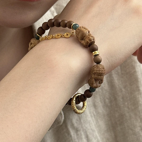 925银木质手链 S08606 龙纹圈宝宝佛铜钱链条手串银手链