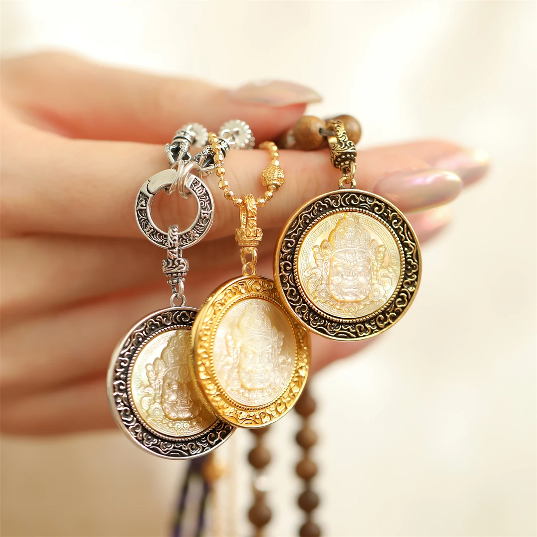 吊坠925银 M6949 浮雕贝壳黄财财圆牌吊坠手工气质时尚百搭复古