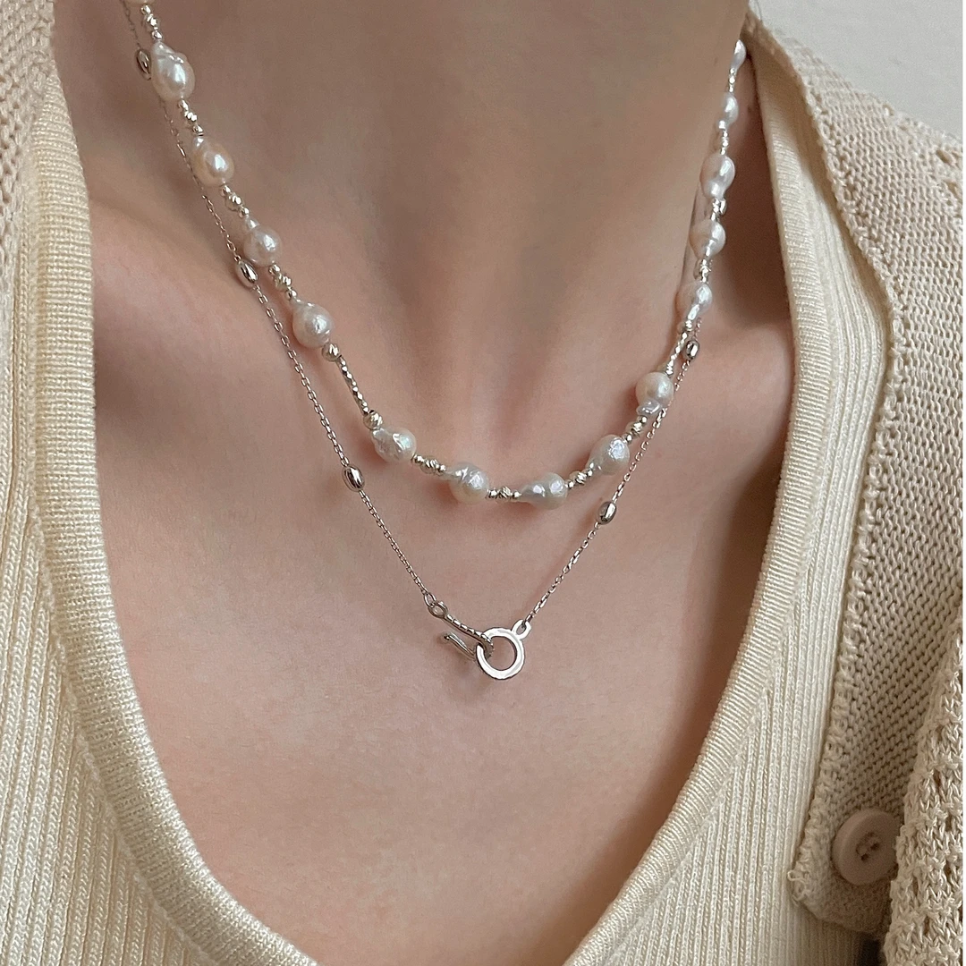 坠链均925银 N12602巴洛克镭射车花管银珠纯银项链女气质轻奢百搭