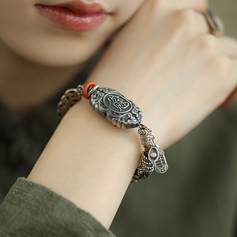 925银手链 S08926秋冬新款八方来米五帝钱算盘元宝葫芦金蟾扣手链