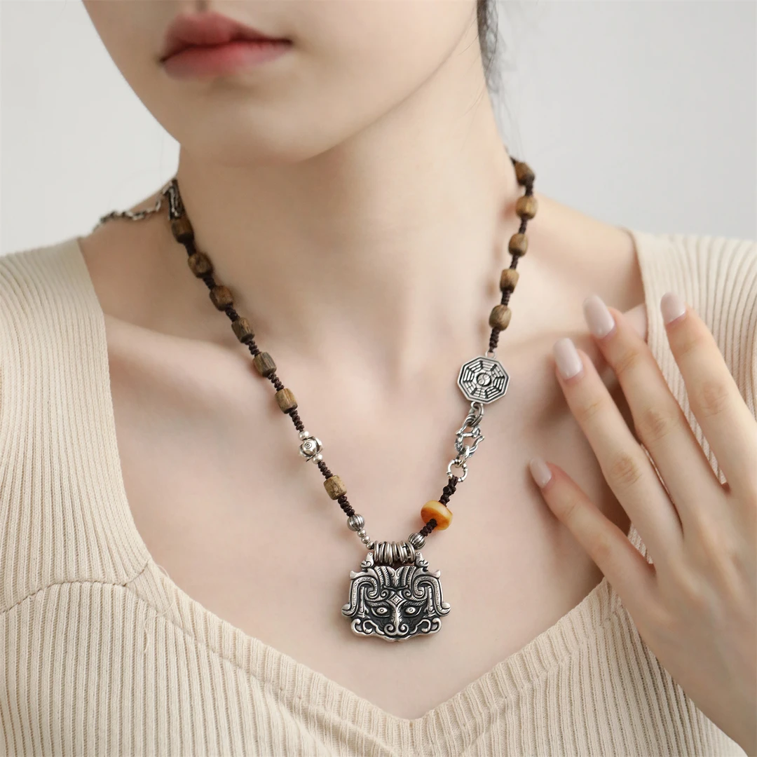 吊坠足银木质 N16248 复古饕餮平安扣香香竹节八卦民族风银饰项链