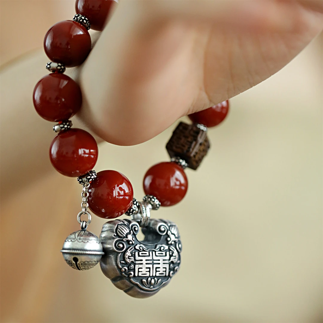足银木质手链 S08820 双喜方块仙鹤如意锁红色串珠手链银坠手链女