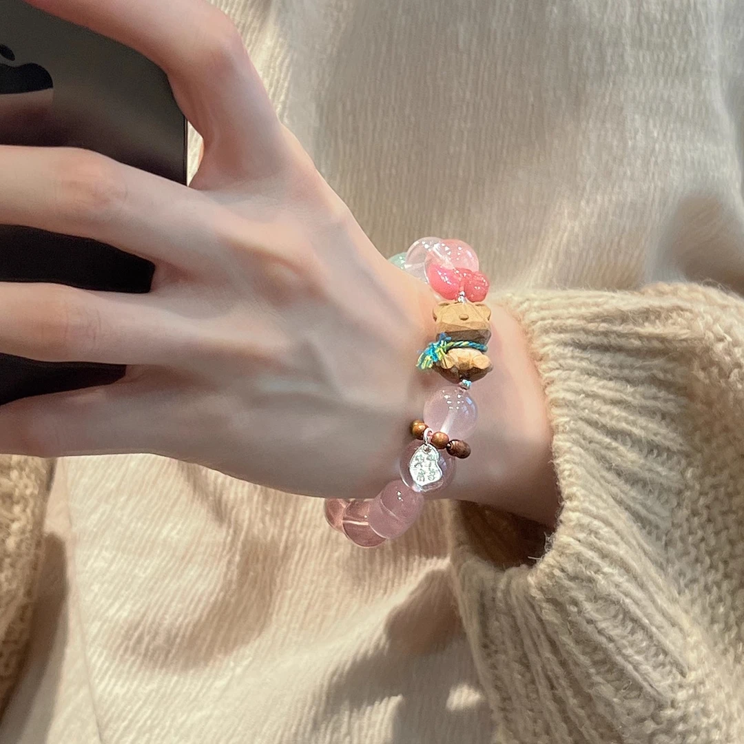 925银木质手链 S08944秋冬新款平安喜乐小熊手串女百搭新中式手链