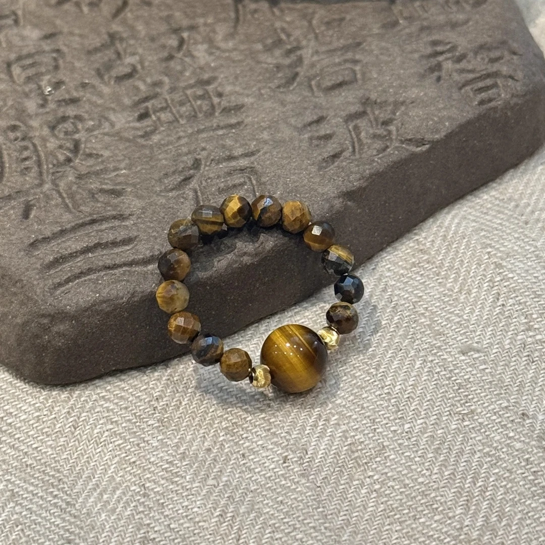 J12793  S925银虎眼石圆珠切面珠金色银珠弹力戒指复古百搭指环