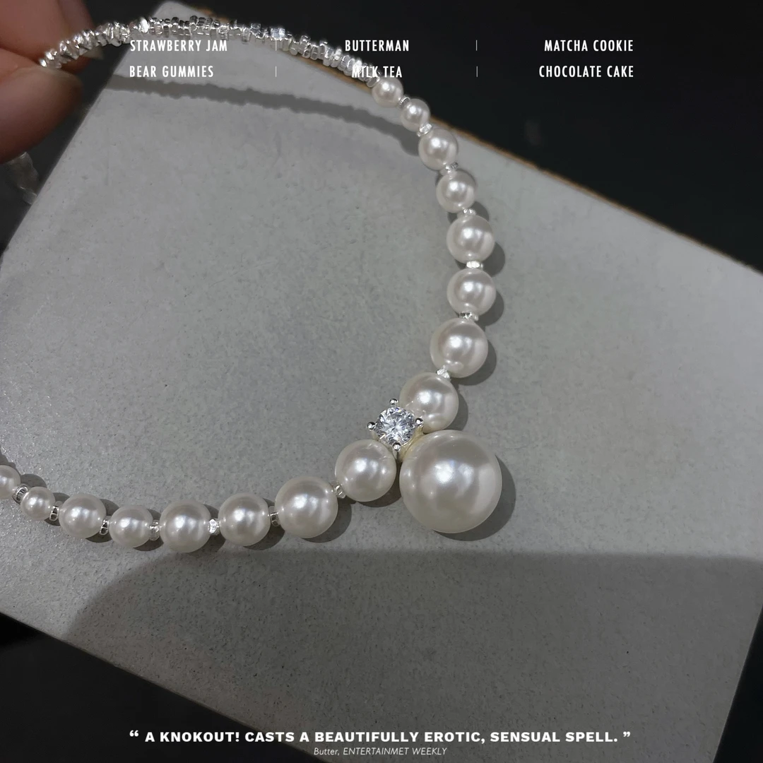 坠链均925银 N13144白珠碎银子项链手工气质白色轻奢时尚百搭简约