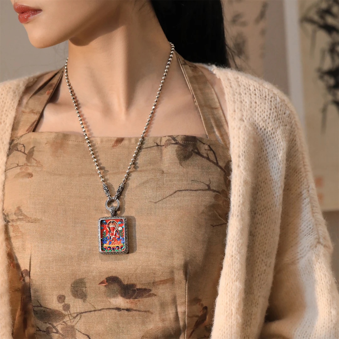 吊坠925银 M6968 八大守护彩色佛像方牌吊坠做旧复古手工轻奢时尚