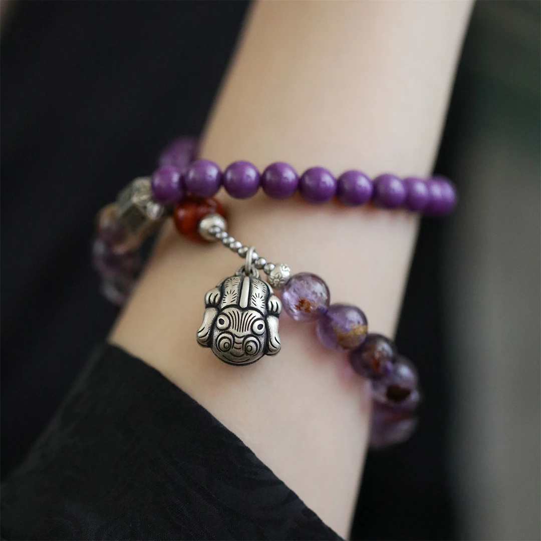 925银手链 S08865六顺珠金蟾铃铛紫云母圆珠弹力手串银饰银手链女