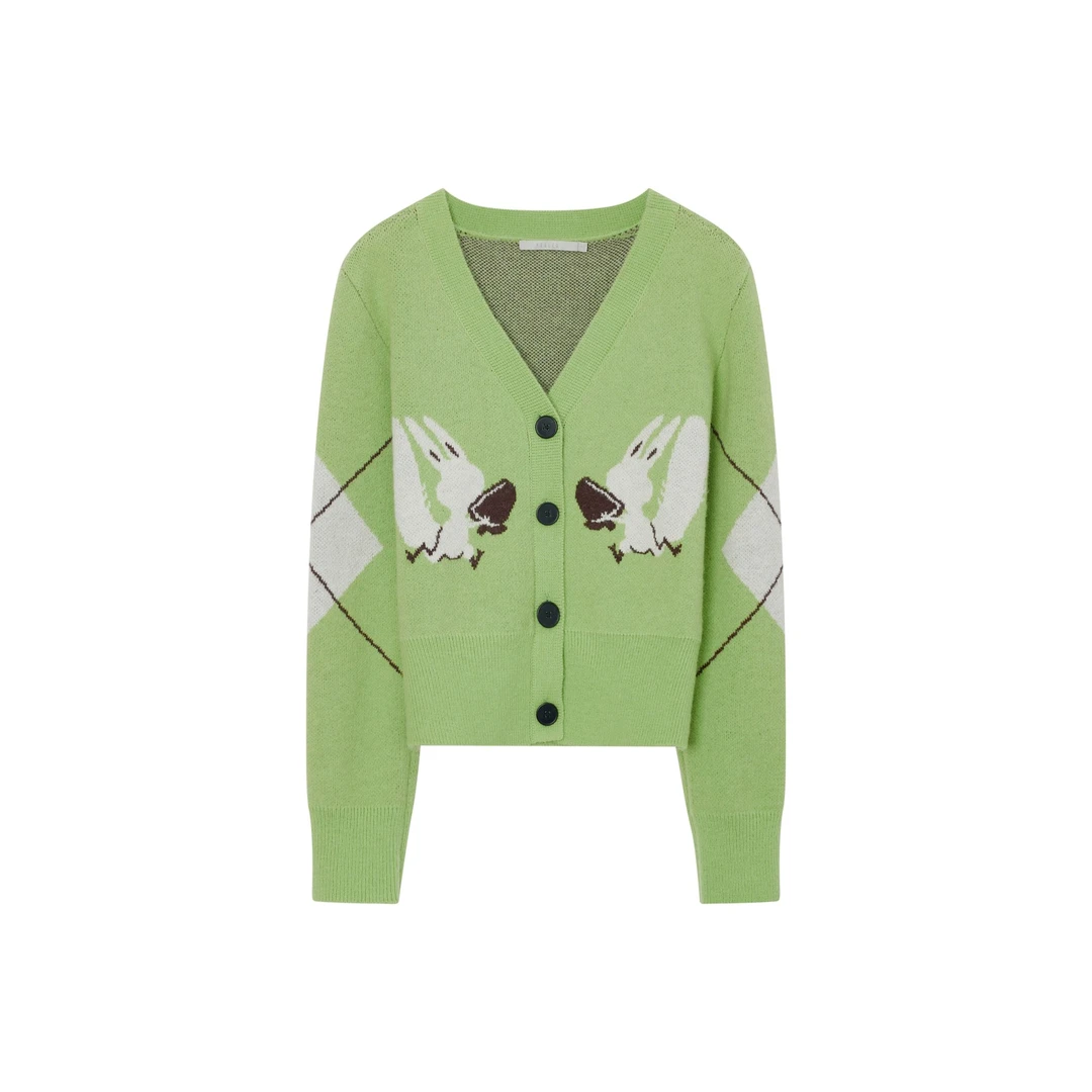 飘蕾2024秋季新款时尚百搭V领绿色兔子提花针织开衫PM9207215