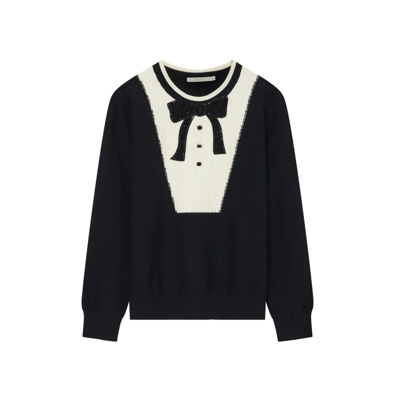 飘蕾2024冬季新款时尚黑白拼色蝴蝶结针织毛衣PM9307005