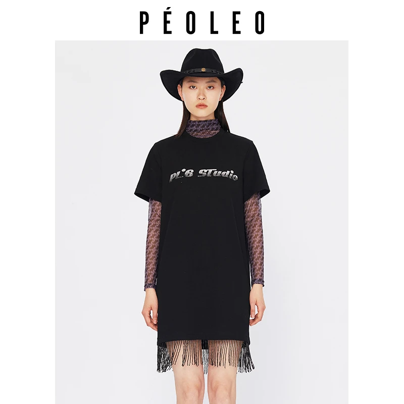 飘蕾2023秋季新款圆领设计感流苏短袖字母印花连衣裙PN7112042