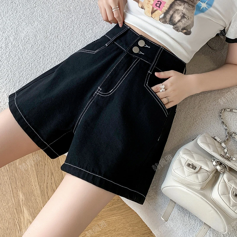 牛仔裤女四分中国风裤子黑色两个扣