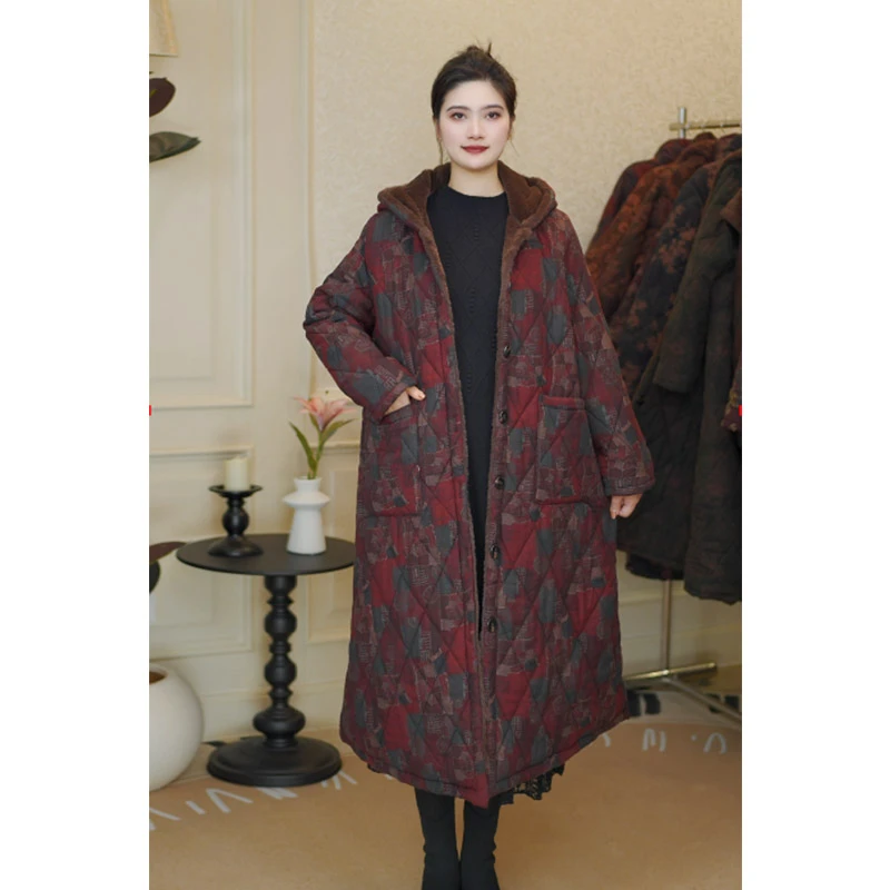 加绒加厚新款连帽棉衣女时尚百搭妈妈装中长款棉袄子09D