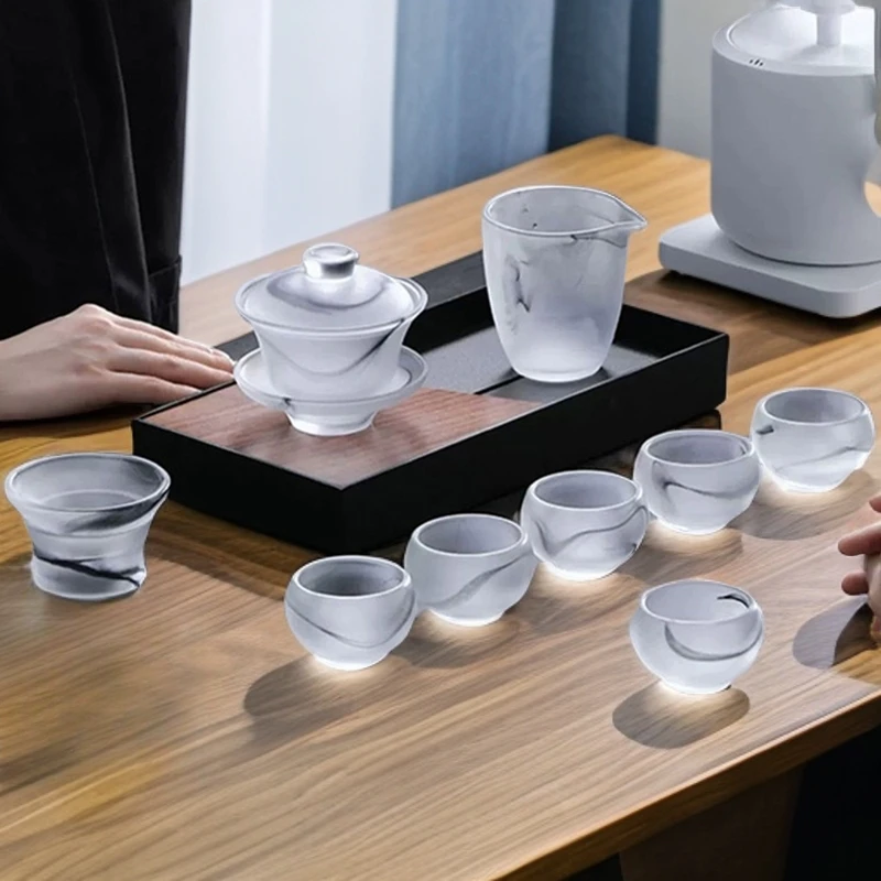 功夫茶具套装轻奢高档家用泡茶具办公室会客琉璃茶具盖碗茶杯全套